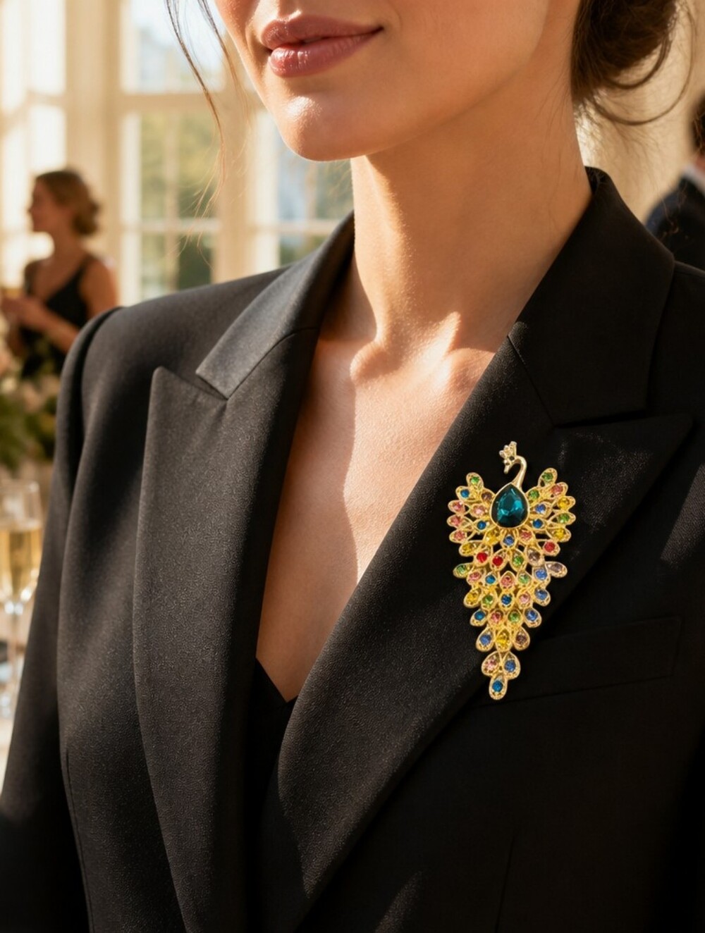 Gold-Tone Multicolor Peacock Brooch - Elegant Women Jewelry